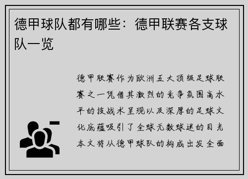 德甲球队都有哪些：德甲联赛各支球队一览