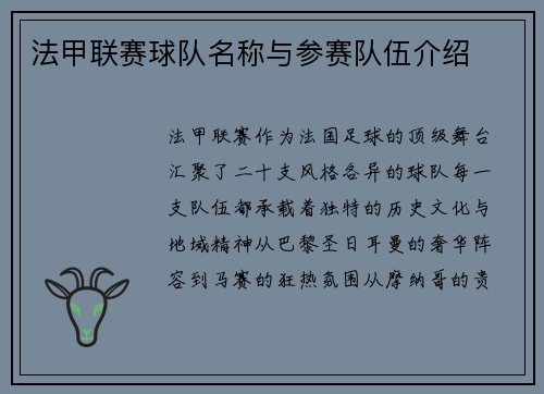 法甲联赛球队名称与参赛队伍介绍